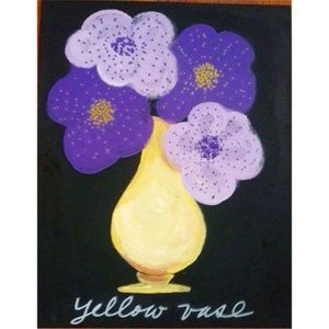 Original Painting of Violet and Mauve Flowers in Yellow Vase.